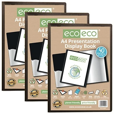Image of eco A4 Size 50% Recycled 40 Pocket Black Presentation Display Book, Storage Case Portfolio Art Folder with Plastic Sleeves, (Pack of 3), eco004x3