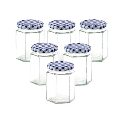 Image of Lucenté 6PC Glass Jam Jars Preserve Pots Pickle with Airtight Blue Gingham Screw Top Lids 280ml