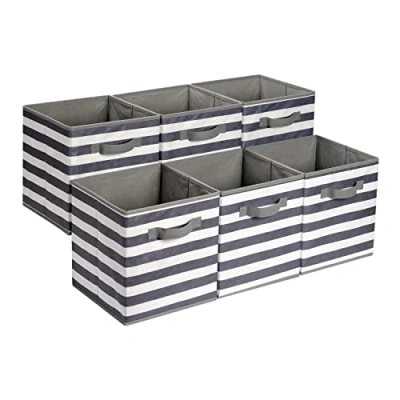 Image of Amazon Basics Collapsible Fabric Storage Cube/Organiser with Handles, Pack of 6, Awning Stripe White/Light Grey, 33 x cm