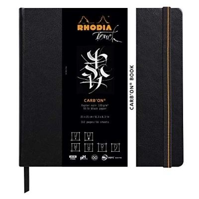 Image of RHODIA TOUCH 116117C Rigid Carb&#039;On Book 21x21 cm 112 pages Clairefontaine Plain Black Paper 120 g/m Double Grain Suitable for Dry, Pencil, Sanguine, Pastel Techniques