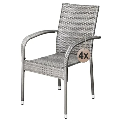 Image of CASARIA® 4 Piece Polyrattan Stacking Garden Chair Set Stackable Weatherproof Outdoor Chairs with Armrest 160kg Capacity Camping Patio Balcony Deck Seating Grey