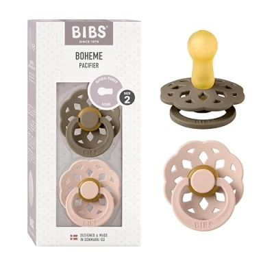 Image of BIBS Boheme Soother 2 Pack. BPA Free. Round Nipple, Size (6 18 Months), Dark Oak/Blush