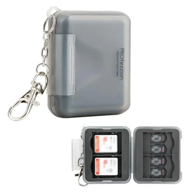 Image of PROfezzion SD Card Holder Water Resistant Plastic Memory Storage Carrying Case for 4 SDHC SDXC Cards with Carabiner + 8 micro Cards, Soft Rubber Interior Shock Resistance