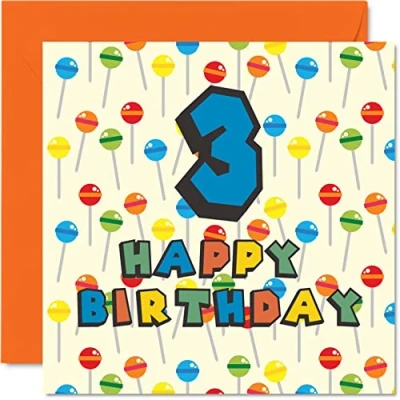 Image of 3rd Birthday Card Unisex Lollipop Sweets Candy Happy 3 Year Old Son Daughter Brother Sister Grandson Granddaughter Niece Nephew Cousin, 145mm x Third Bday Greeting