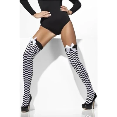 Image of Smiffys Opaque Hold Ups, Black &amp; White Check Print with Bows, Fever Hosiery Fancy Dress, Dress Up Accessories