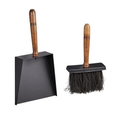 Image of Relaxdays Fireplace Sweeping, Big Iron Dustpan &amp; Hand Brush, Wooden Handle, Jute Bristles, Chimney Set, Black/Brown, Wood, 8 x 18 35.5 cm