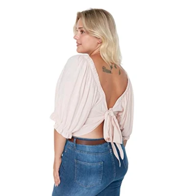 Image of Trendyol Women&#039;s Woman Regular Standard Crew Neck Woven Plus Size Blouse Shirt, Powder, 50