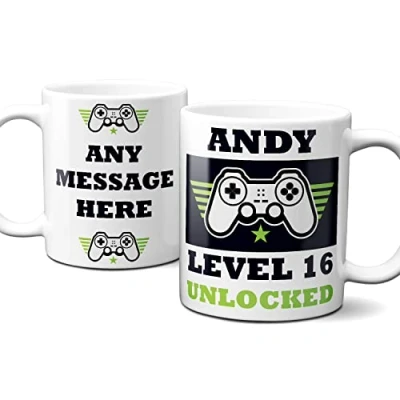 Image of Thoughtful Gifts Gamer Mug Level 16 Unlocked, 16th Birthday Personalised Mug, Year Old boy, Cup Birthday, Gift Old, Add Name and Message
