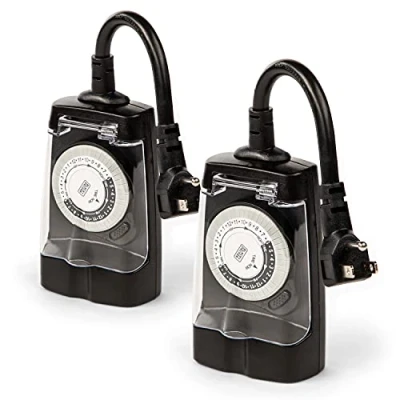 Image of Black + Decker Outdoor Timer, 2 Pack, with Grounded Outlets Waterproof Outlet Timer 30 Minute Intervals for Lights, Holiday Decorations Analog Light Timers On/Timer On Switch