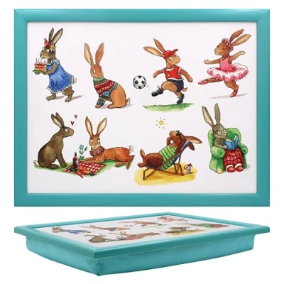 Image of Lesser &amp; Pavey Comic Farmyard Fun Illustrations Cushioned Blue Laptray Suitable for Eating, Laptop, Home Desk Lapdesk and More Chicken, Duck, Pig, Cow, Horse, Highland Cow (Hare)