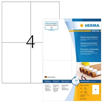 Image of HERMA Self Adhesive Weatherproof Labels, 4 Labels per A4 Sheet, 80 Sheets, 105 x 148 mm, 320 Weather Resistant Stickers, Sticky of Special Paper for Laser Printer, White