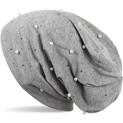 Image of styleBREAKER Beanie hat with Pearls and Rhinestone Studs, Long Slouch Beanie, Ladies 04024140, Colour:Mottled Grey