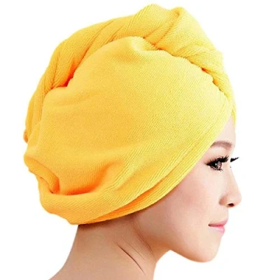 Image of Brussels08 Microfiber Bath Towel Hair Dry Hat Absorbent Quick Drying Shower Cap Wrap Turban Head with button Wrapped Yellow