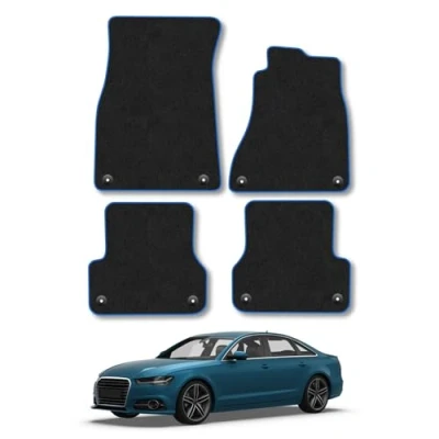 Image of Car Mats Compatible with Audi A6 (2011 2018) Tailored Fit Blue Trimmed Carpet Floor Mat Set Accessory Black Custom Fitted 4 Pieces Clips Anti Slip Backing &amp; Trim Edging