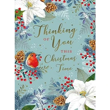 Image of Noel Tatt Thinking of You Christmas Card Robin and Winter Flowers Embossed with Foil Details Eco Friendly Recyclable
