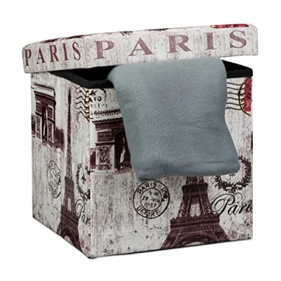 Image of Relaxdays &quot;Paris Cube Folding Seat Box Ottoman with Trendy Motifs and Removable Lid, Faux Leather, Multi Colour, 38 cm