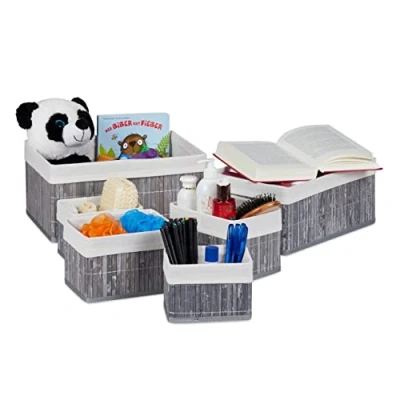Image of Relaxdays Set of 6 Bamboo Storage Baskets, Fabric Cover, Sqaure, Decorative Containers, Grey, 2.3/6 / 11/15.5 L, 10024309_111