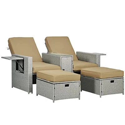 Image of Outsunny 5PC PE Rattan Sun Lounger, Outdoor Wicker 5 level Adjustable Recliner Sofa Bed with Storage Side Table and Footstools, for Patio, Garden, Poolside, Beige