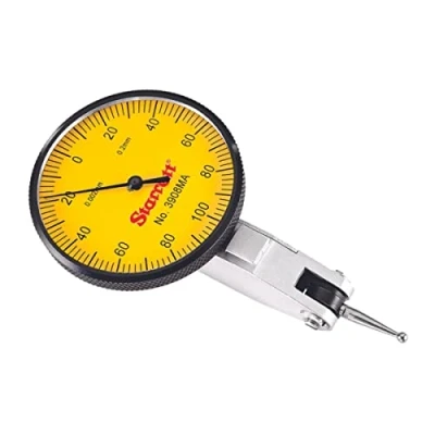 Image of Starrett 3808MA Dial Test Indicator with Dovetail Mount and 2 Attachments, 32mm Yellow Dial, 0.2mm Range, 0.002mm Graduation