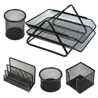 Image of ARA CHOICE Desk Tidy Organiser Set Office Organisers 2 Tier 5 Pcs A4 Paper Tray Pen Pot Letter Trays Storage with Magazine Holder for Supplies (Black)