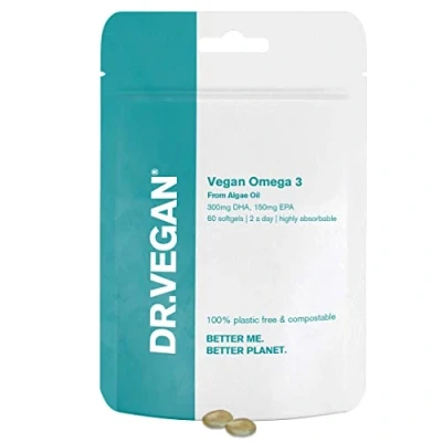 Image of DR.VEGAN Omega 3 Plant Based Supplements 300mg DHA and 150mg EPA Vegan Friendly Algae Oil 60 Softgels Two A Day