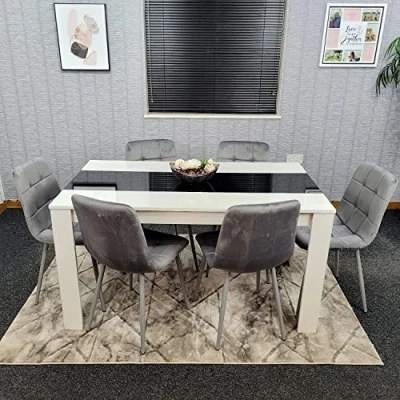 Image of KOSY KOALA Kitchen Dining Table Set Of 6 and Grey Velvet Chairs, Wooden White Black Tufted Chairs
