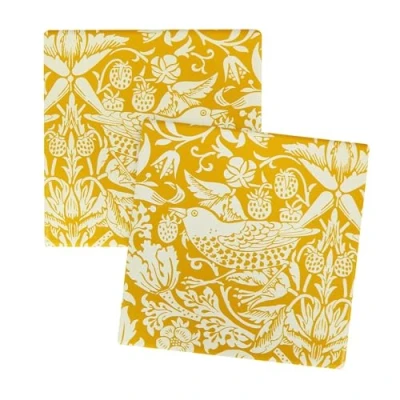 Image of Half Moon Bay Bird and Floral Design by ACS William Morris Quince Yellow/White 4 Inch Stoneware Drink Beverage Coaster; Set of 2