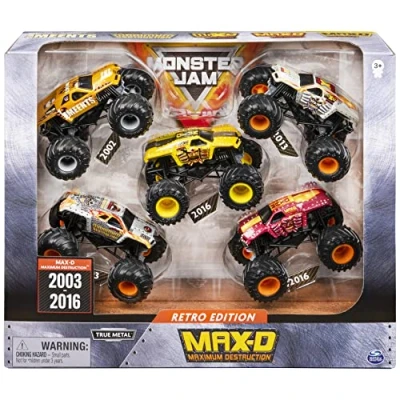 Image of Monster Jam, Official Retro Edition Max D 5 Pack of 1:64 Scale Trucks, Kids Toys for Boys and Girls Ages 3 up