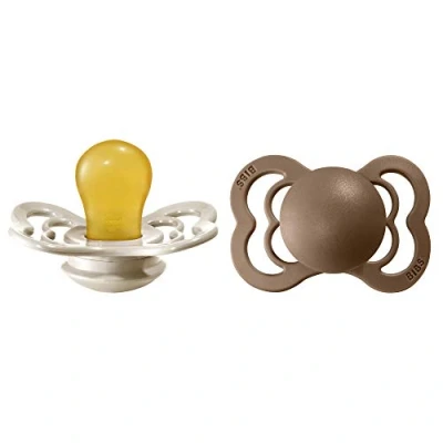 Image of BIBS Supreme Soother 2 Pack, BPA Free Dummy Pacifier, Symmetrical Nipple. Natural Rubber Latex, Size 1 (0 6 Months), Vanilla/Dark Oak