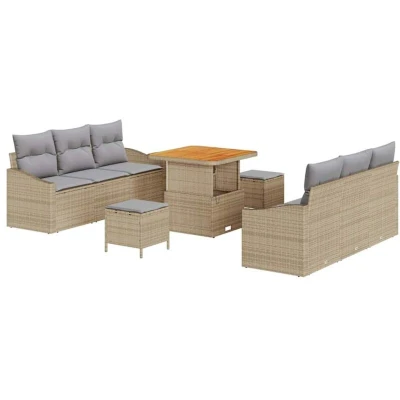 Image of vidaXL 9 Piece Garden Sofa Set with Cushions Beige Poly Rattan Acacia