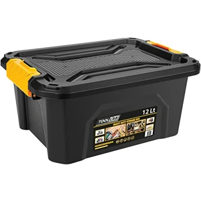 Image of Tool Lab Heavy Duty Polypropylene Storage Box with Clip on Lid. Ideal for storing items in garages and lofts. (12 Litre : 385 x 295 175mm)
