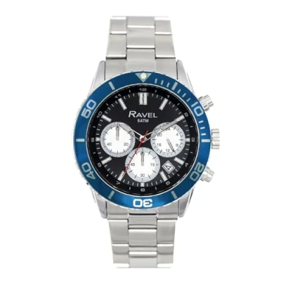Image of Ravel Plus Men&#039;s 42mm Silver Tone Chronograph Sports Watch with Uni Directional Rotating Bezel 5ATM Japanese Analogue Quartz RP.CHR 007MB Stainless Steel/Blue