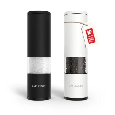 Image of LARS NYSØM Salt and Pepper Mills Set Stainless Steel with Adjustable Ceramic Grinder 2 Pieces I Design Spice Manual (Black/White)