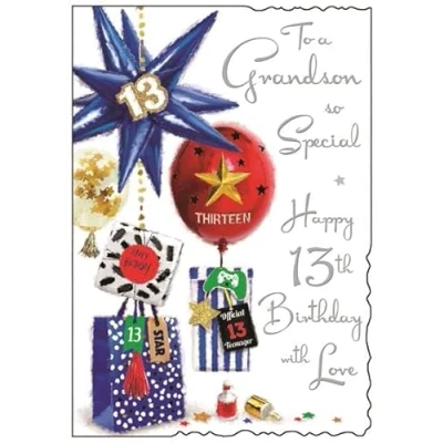 Image of Jonny Javelin Grandson Happy 13th Birthday Card Age 13 Balloons Presents