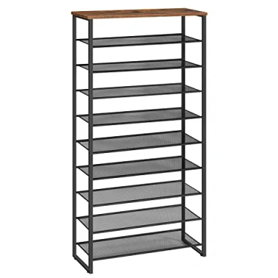 Image of HOOBRO 10 Tier Shoe Rack, Large Capacity Storage Organizer, Unit for 27 36 Pairs of Shoes, 75 x 28.5 159 cm, Tall Shelf, Detachable Metal Mesh, Rustic Brown EBF107XJ01