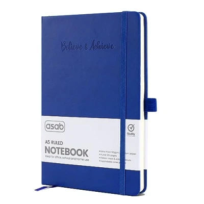 Image of ASAB A5 Journal Notebook Lined Vegan Leather Extra Thick 120gsm Premium Paper Work 128 Pages Elastic Banded with 2 Ribbon Notepad Bookmarks Business for Office School (Blue)