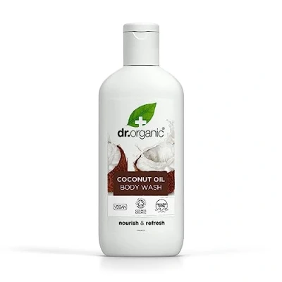 Image of Dr Organic Coconut Oil Body Wash, Shower Gel, Dry Skin, Natural, Vegan, Cruelty Free, Paraben &amp; SLS Recyclable Recycled Ocean Bound Plastic, Certified Organic, 250ml, Packaging may vary