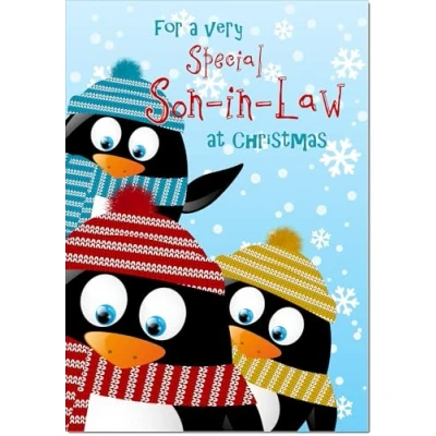 Image of doodlecards Son in Law Christmas Card Three Penquins Medium Size for with Plain Envelope