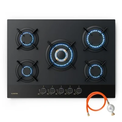 Image of Klarstein Goldflame Nano Gas Hob, 5 Burner Brass &amp; Coated Glass, 10.4kW Output, 70cm Wide, Wok Burner, Auto Ignition Flame Failure Safety, Convertible NG/LPG with Kit