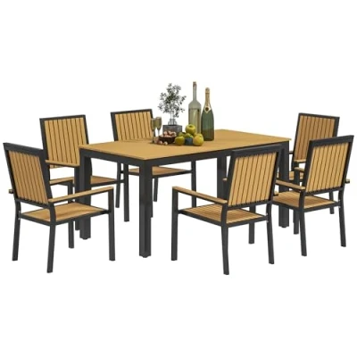 Image of Outsunny 6 Seater Garden Dining Set with Stackable Chairs, Aluminium Frame, Rectangular Plastic Top, Furniture Set, Outdoor Table and Chairs for Patio, Balcony, Poolside, Nature Wood