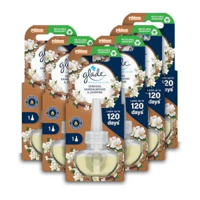 Image of Glade Plug in Air Freshener Refill, Electric Scented Oil Room Freshener, Sandalwood &amp; Jasmine, Pack of 6 (6 x 20ml)