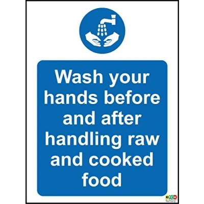 Image of Hygiene Catering Wash Your Hands Before and After handling raw Cooked Meat Safety Sign Self Adhesive Sticker 200mm x 150mm