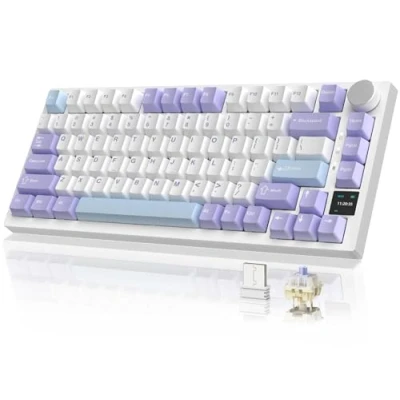 Image of YINDIAO AK820PRO Mechanical Keyboard with TFT Smart Display&amp;Knob,75% ANSI Layout,2.4G/BT5.1/USB C Wired,5 Sound Absorbing Foams,Hot Swap,RGB Backlit,for PC,MAC (White Purple,Linear Custom Switch)