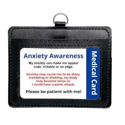 Image of Anxiety Disability Awareness Card, in a Quality Black PU Leather Holder with Lanyard for Best displaying Your Card Rear Pocket Medical or Contact Details.