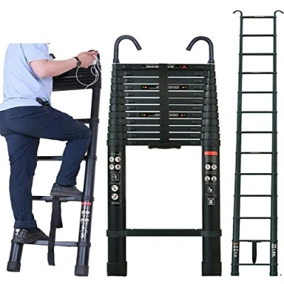 Image of 5m Portable Heavy Duty Multi Purpose Aluminium Telescopic Ladder Extendable, with Detachable Hook, 150 Kg Load Capacity, Black