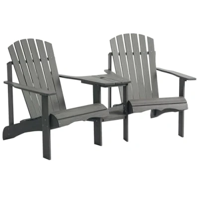 Image of Outsunny Wooden Outdoor Double Adirondack Chairs Loveseat w/Centre Table and Umbrella Hole, Garden Patio Furniture for Lounging Relaxing, Grey