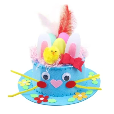 Image of Jc.upin Easter Bonnet Kit Children&#039;s DIY Hat Decoration Set, Party Favors Hat, Handmade Kit, Make Your Own for Craft Supplies (Blue)