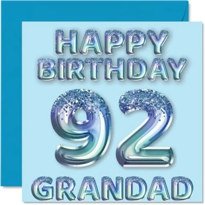 Image of 92nd Birthday Card for Grandad Blue Glitter Party Balloons Happy Cards 92 Year Old from Grandson Granddaughter, 145mm x Bday Greeting Gift