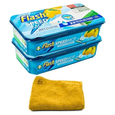 Image of Zopper 2 x Flash Speedmop Wet Cloth Refills 48 Wipes (24 2) With Microfiber Floor Cleaner Mop, Lemon Anti Bac Household &amp; Dry Hygiene Mops