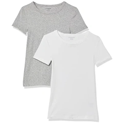 Image of Amazon Essentials Women&#039;s Slim Fit Short Sleeve Crewneck T Shirt, Pack of 2, White/Light Grey Heather, S